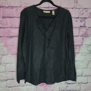 KATE HILL 100% LINEN BLACK EMBROIDERED TIE NECK TUNIC XL